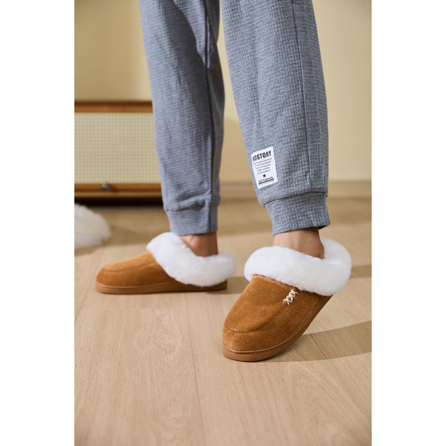 Fluff Trim Round Toe Flat Slippers Apparel and Accessories