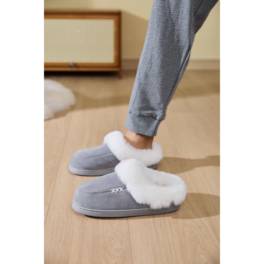 Fluff Trim Round Toe Flat Slippers Dark Gray / 36-37(US5-6) Apparel and Accessories