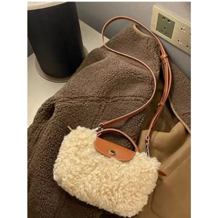 Fluffy Crossbody Bag with Leather Accents Khaki / One Size Apparel and Accessories