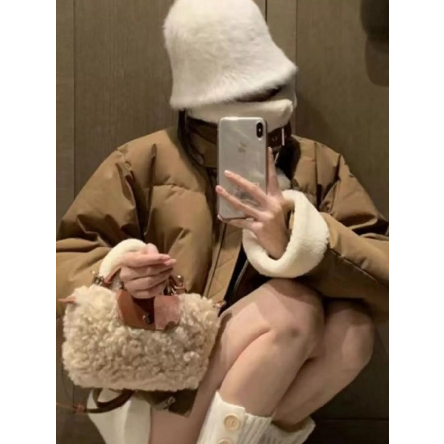 Fluffy Crossbody Bag with Leather Accents Khaki / One Size Apparel and Accessories