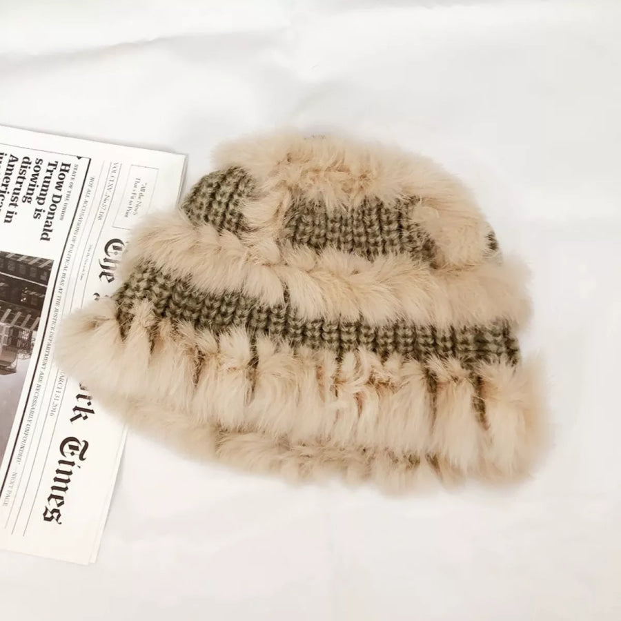 Fluffy Faux Fur Trim Knit Bucket Hat Khaki / One Size Apparel and Accessories