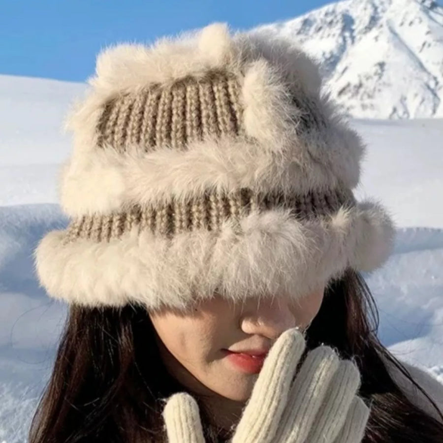 Fluffy Faux Fur Trim Knit Bucket Hat Khaki / One Size Apparel and Accessories