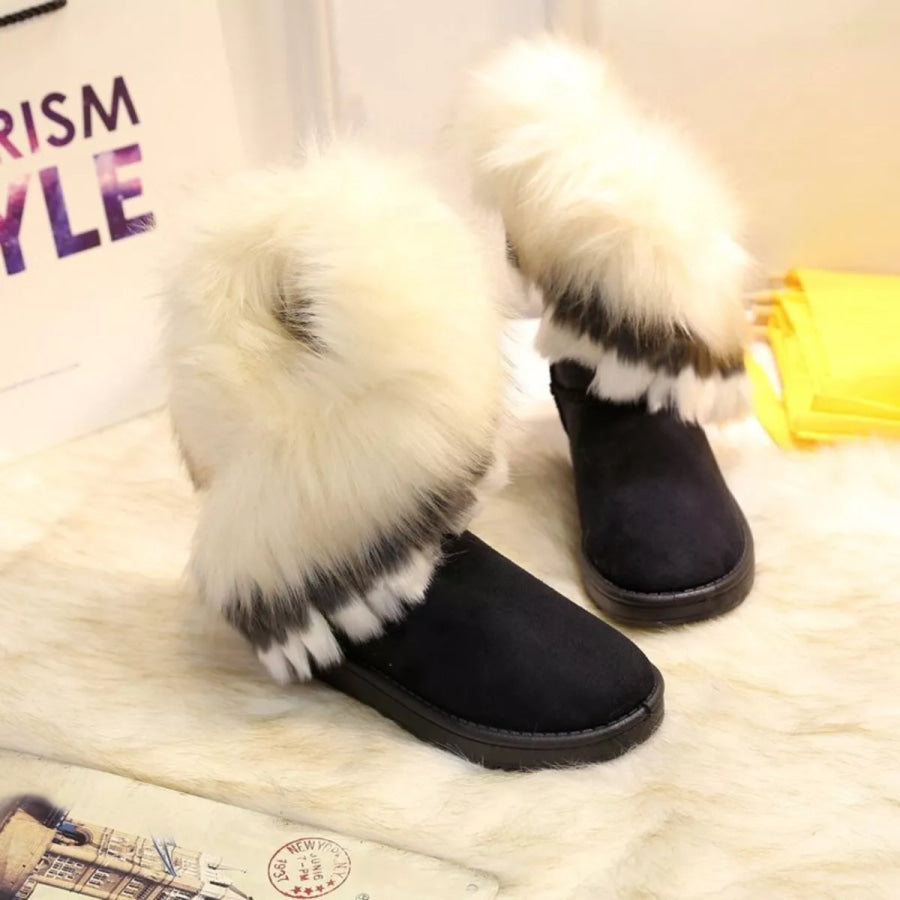 Fluffy Fur Cuff Round Toe Boots Black / 36 Apparel and Accessories