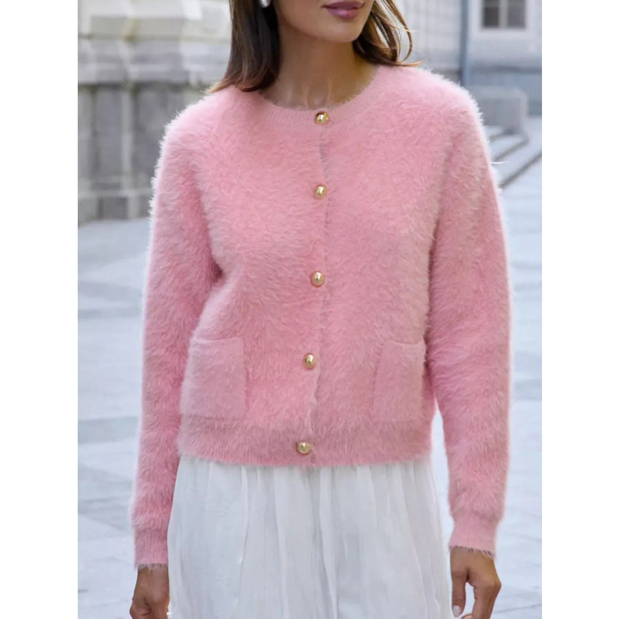 Fluffy Knit Button Up Cardigan Apparel and Accessories