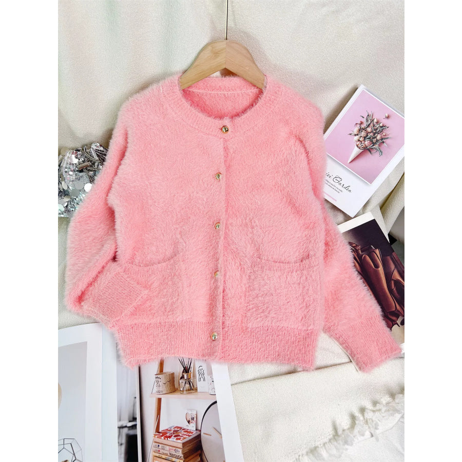Fluffy Knit Button Up Cardigan Apparel and Accessories