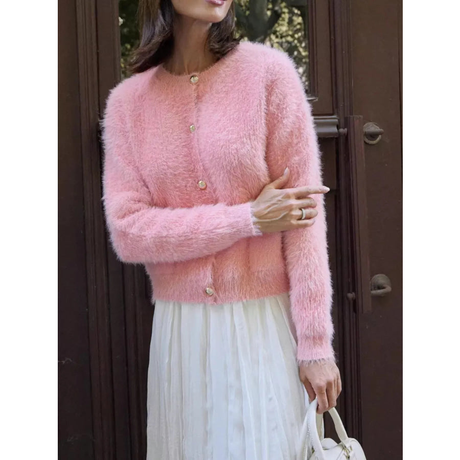 Fluffy Knit Button Up Cardigan Apparel and Accessories