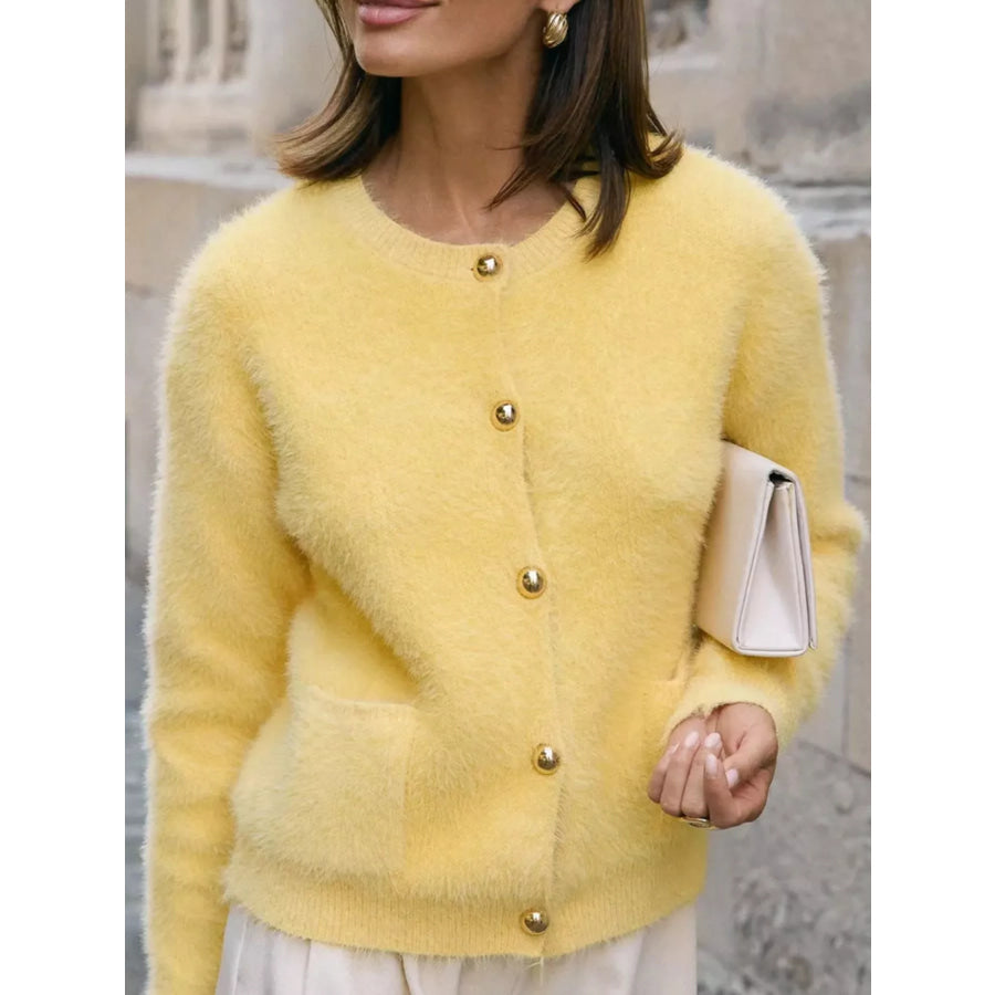 Fluffy Knit Button Up Cardigan Apparel and Accessories