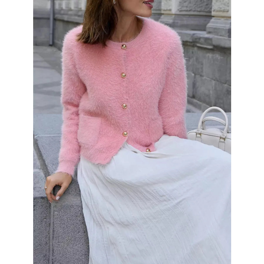 Fluffy Knit Button Up Cardigan Apparel and Accessories