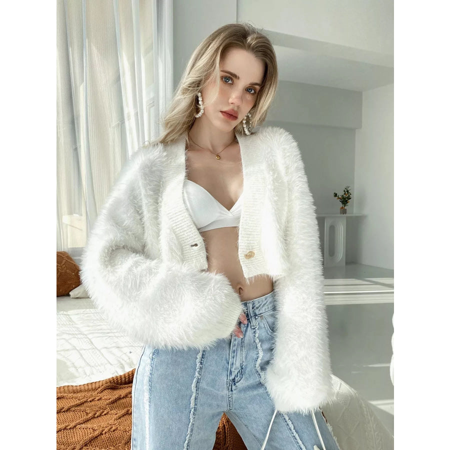 Fluffy Knit Cropped Cardigan Gray/white / S Apparel and Accessories