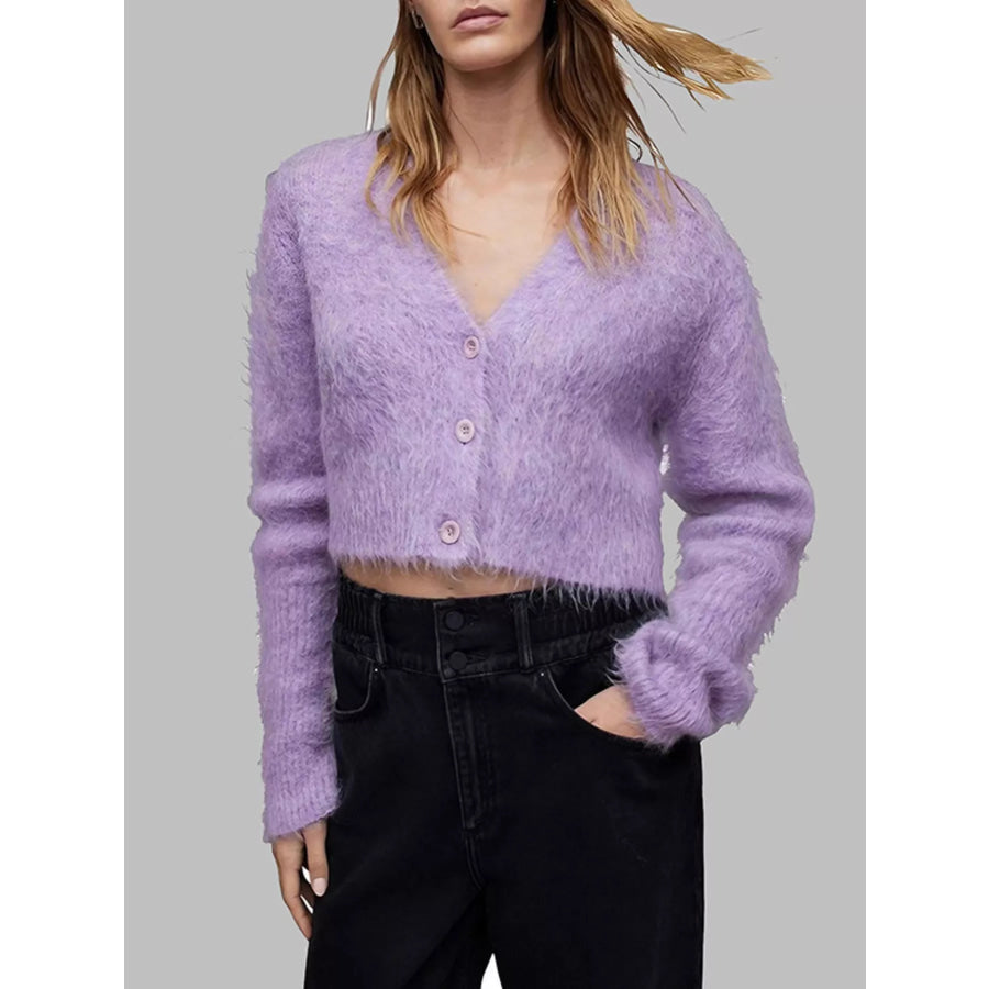 Fluffy Knit Cropped Cardigan Light Purple / S Apparel and Accessories