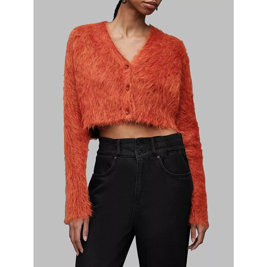 Fluffy Knit Cropped Cardigan Orange / S Apparel and Accessories