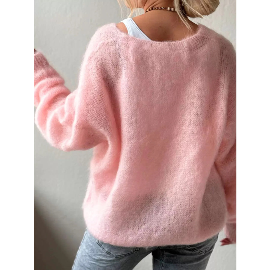 Fluffy Knit V-Neck Long Sleeve Sweater Apparel and Accessories
