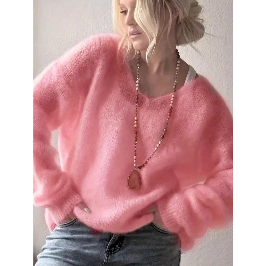 Fluffy Knit V-Neck Long Sleeve Sweater Blush Pink / S Apparel and Accessories