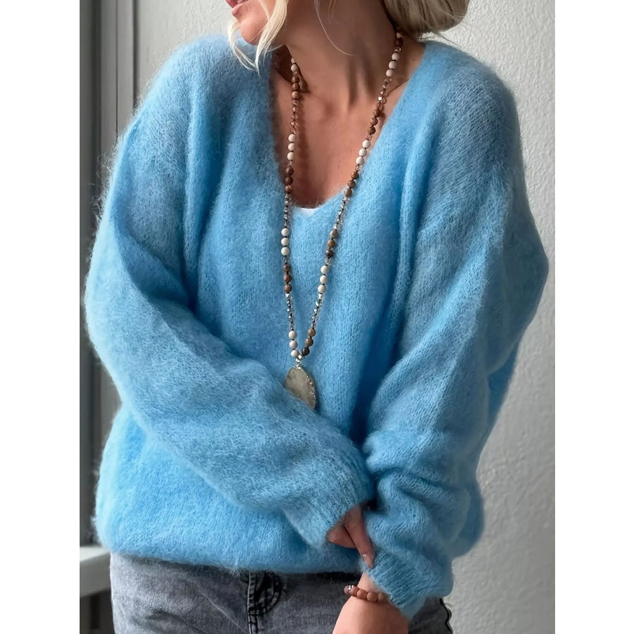 Fluffy Knit V-Neck Long Sleeve Sweater Dusty Blue / S Apparel and Accessories
