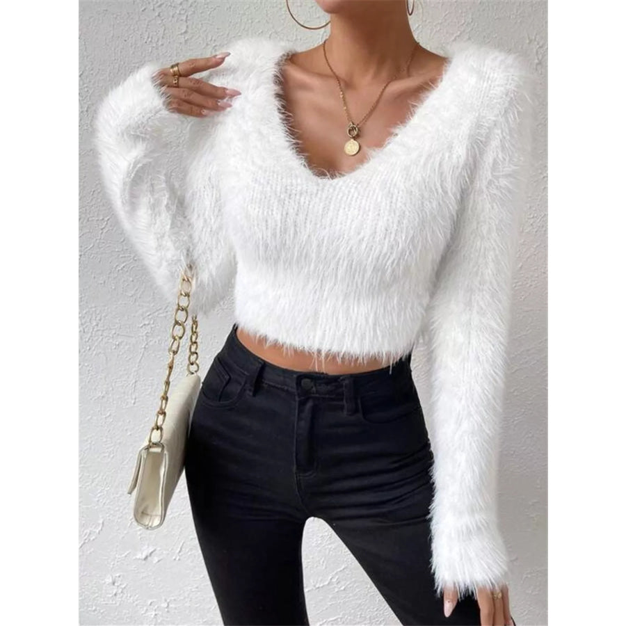 Fluffy Knit V-Neck Sweater Apparel and Accessories