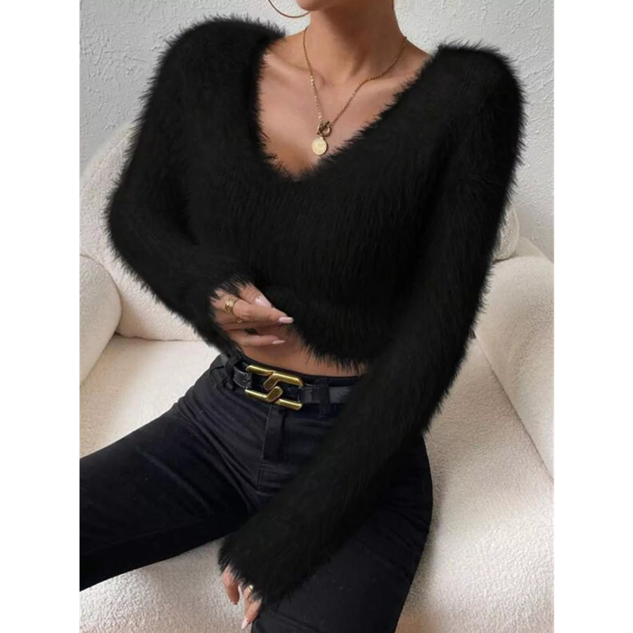 Fluffy Knit V-Neck Sweater Apparel and Accessories