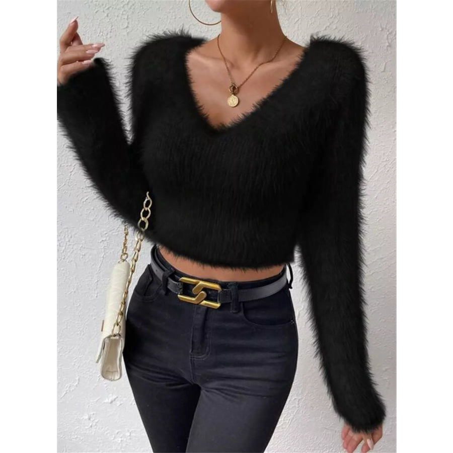 Fluffy Knit V-Neck Sweater Apparel and Accessories