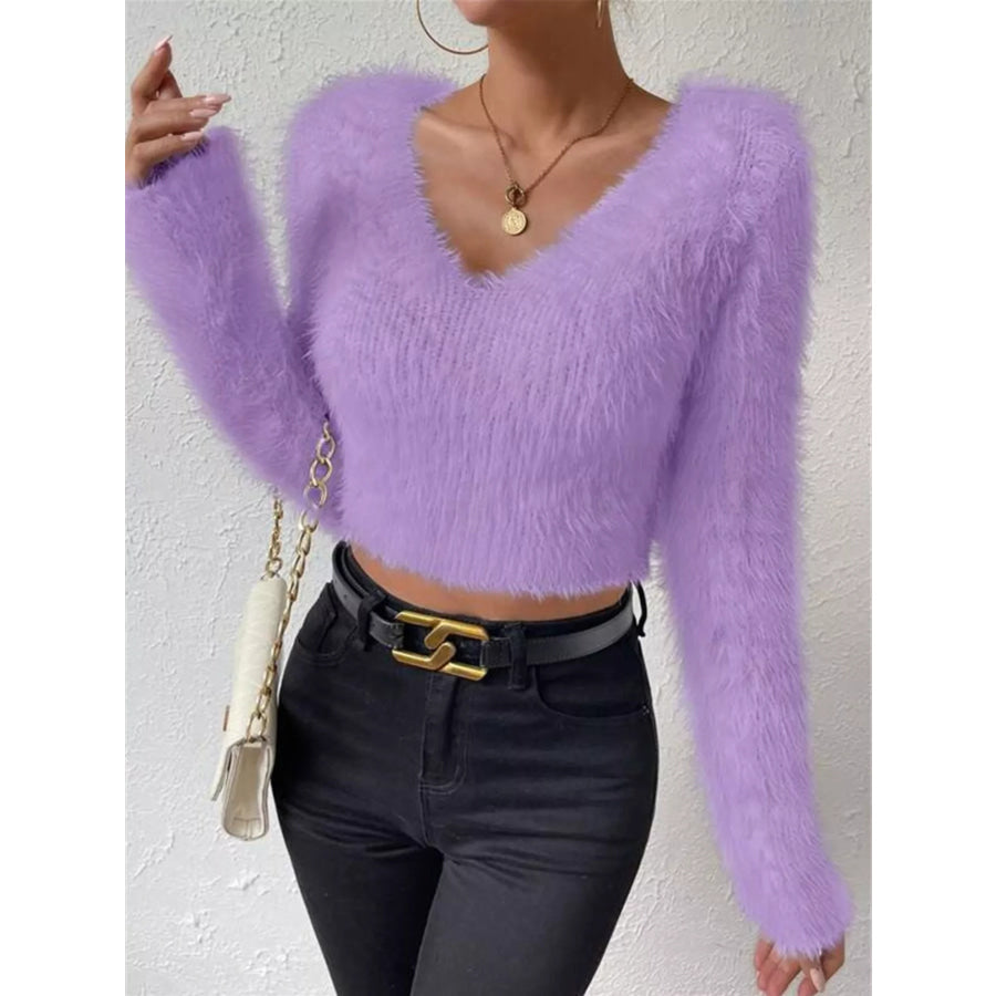 Fluffy Knit V-Neck Sweater Apparel and Accessories