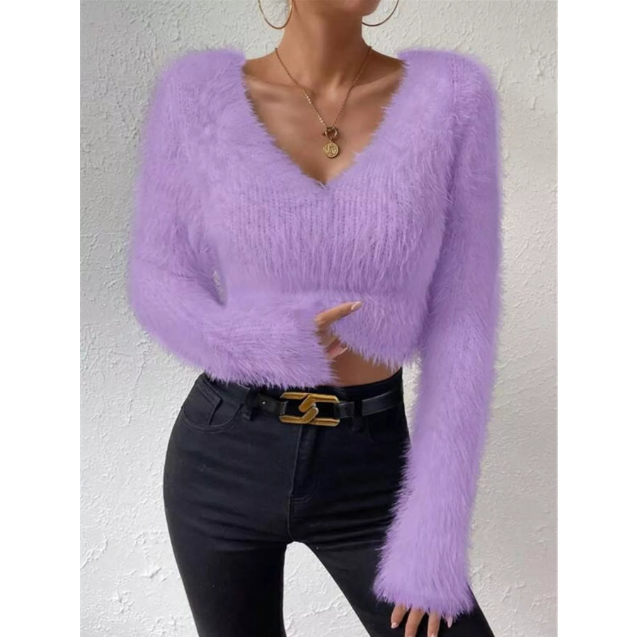 Fluffy Knit V-Neck Sweater Apparel and Accessories
