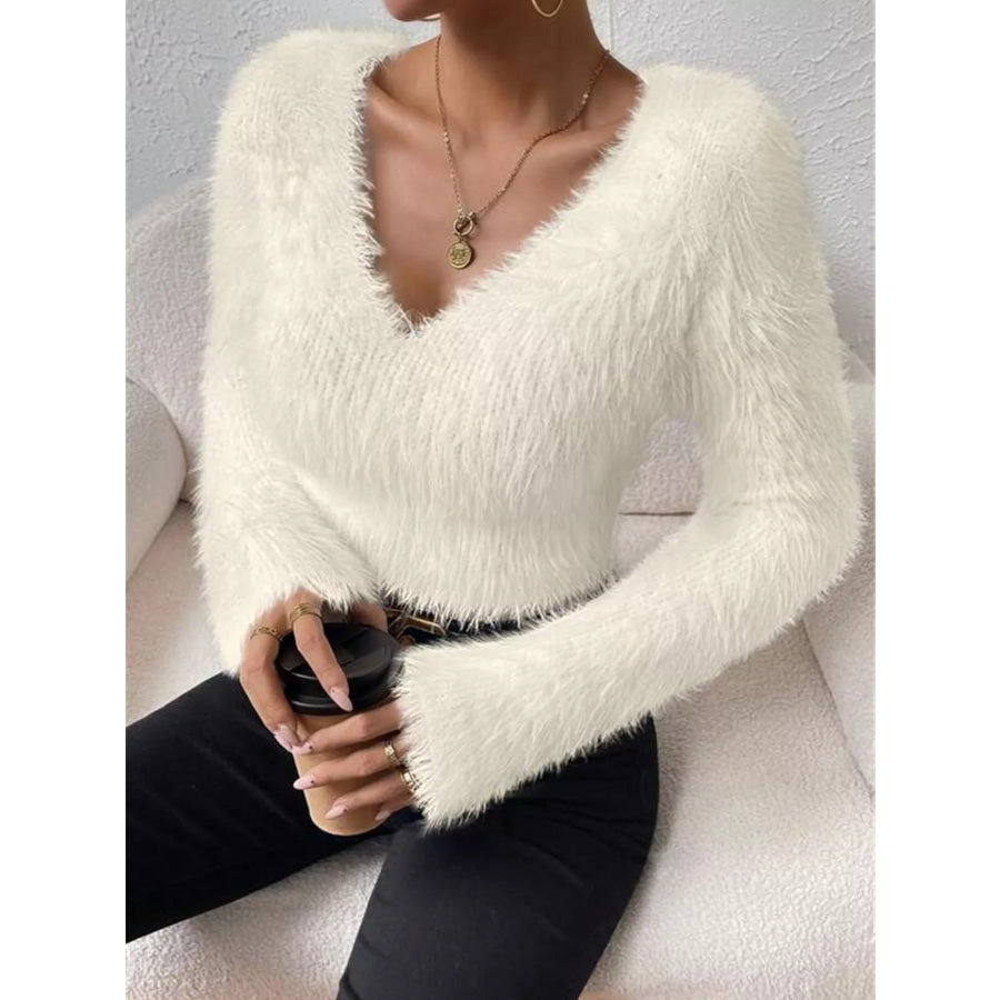 Fluffy Knit V-Neck Sweater Apparel and Accessories