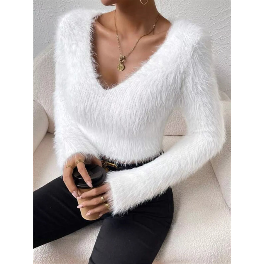 Fluffy Knit V-Neck Sweater Apparel and Accessories