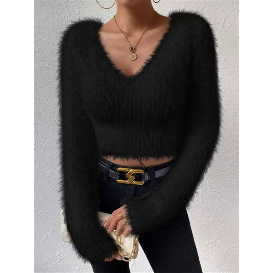 Fluffy Knit V-Neck Sweater Apparel and Accessories