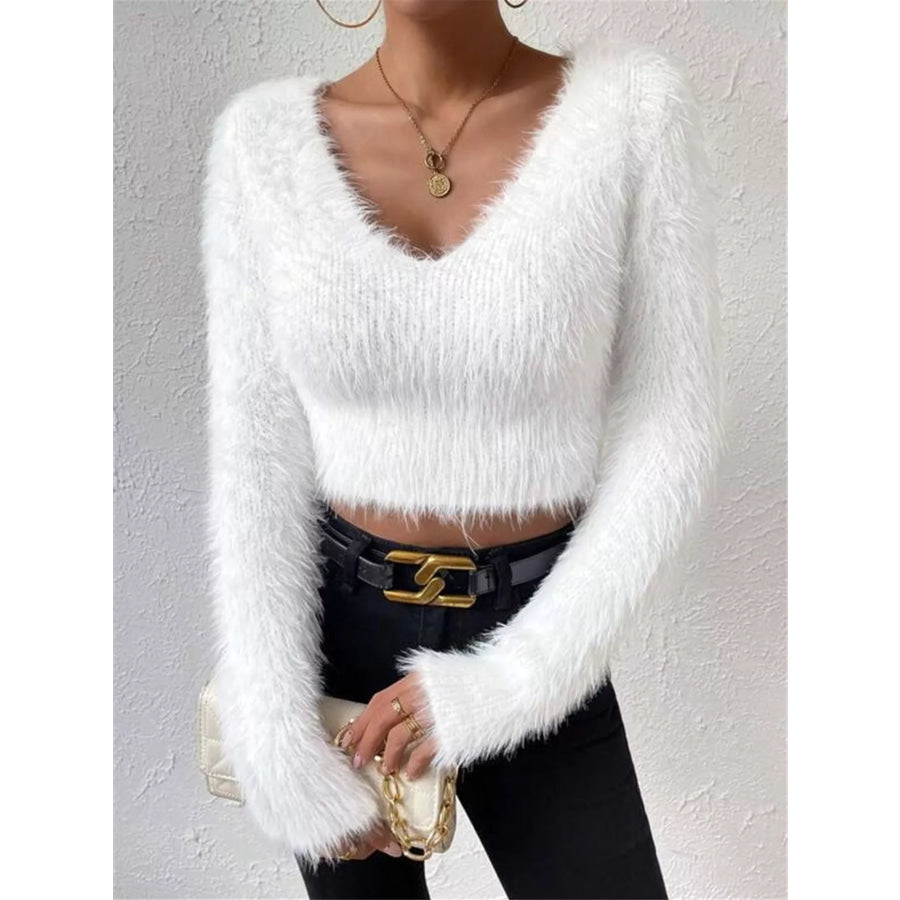 Fluffy Knit V-Neck Sweater Apparel and Accessories