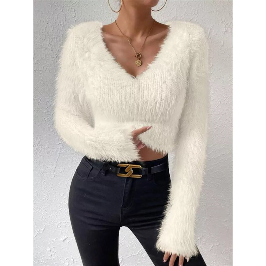 Fluffy Knit V-Neck Sweater Beige / S Apparel and Accessories