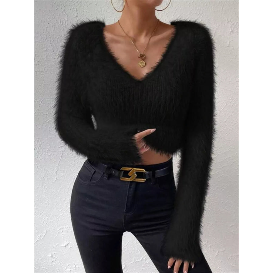 Fluffy Knit V-Neck Sweater Black / S Apparel and Accessories