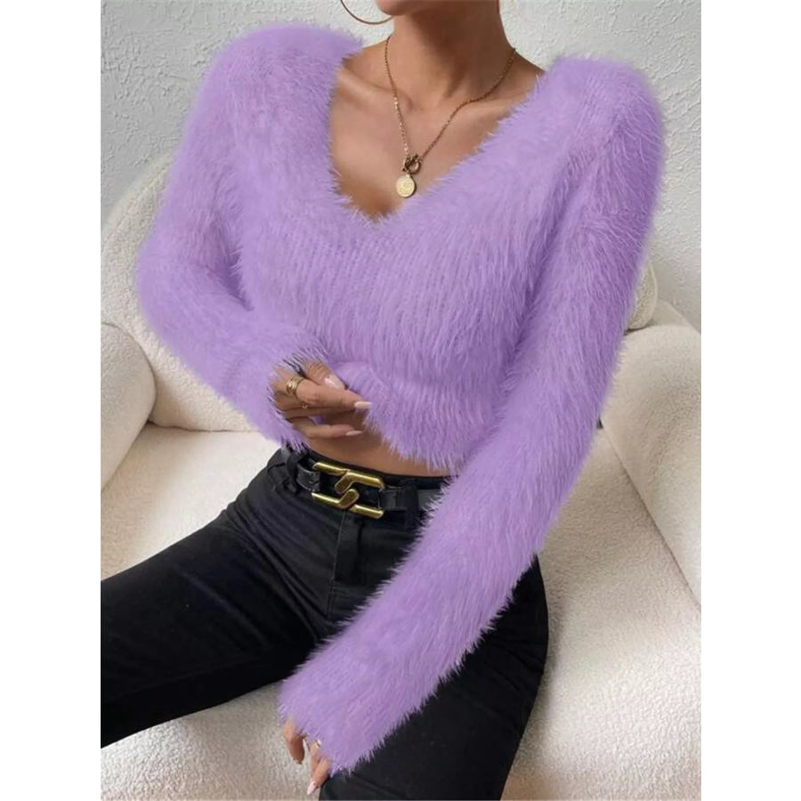 Fluffy Knit V-Neck Sweater Lavender / S Apparel and Accessories