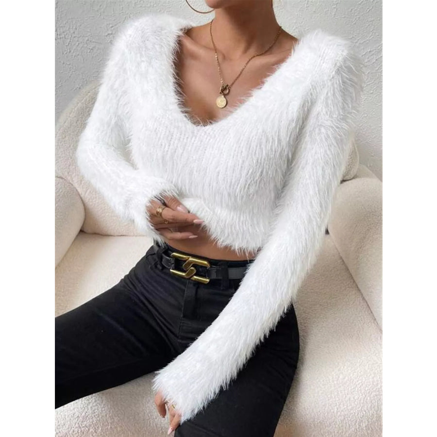 Fluffy Knit V-Neck Sweater White / S Apparel and Accessories