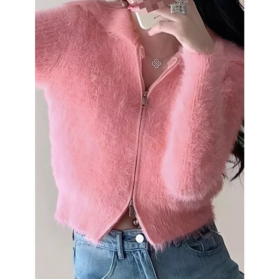 Fluffy Knit Zip-Up Outerwear Apparel and Accessories