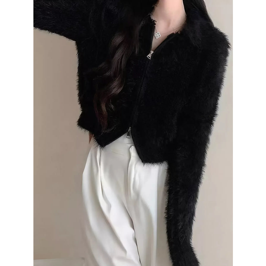 Fluffy Knit Zip-Up Outerwear Apparel and Accessories