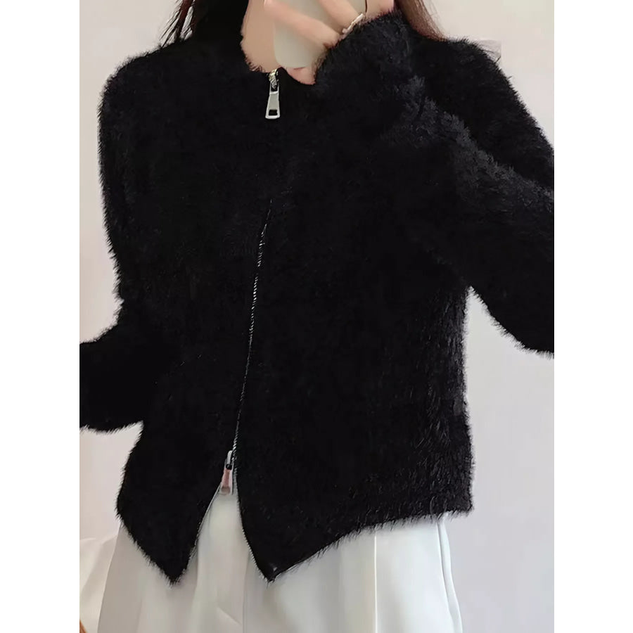Fluffy Knit Zip-Up Outerwear Black / One Size Apparel and Accessories