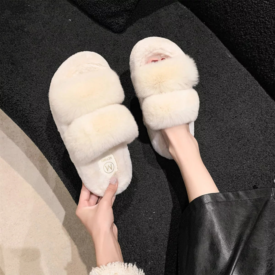 Fluffy Open Toe Slippers Beige / 35 Apparel and Accessories