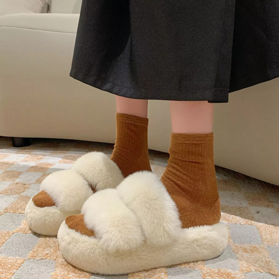 Fluffy Open Toe Slippers Beige / 35 Apparel and Accessories