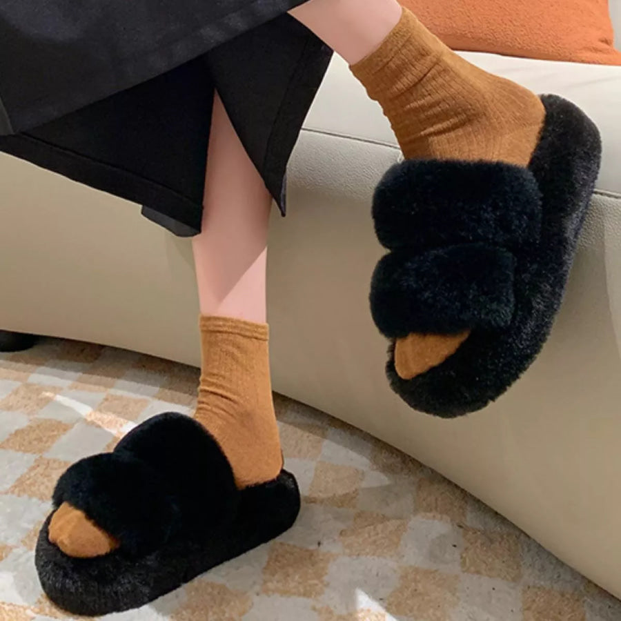 Fluffy Open Toe Slippers Black / 35 Apparel and Accessories