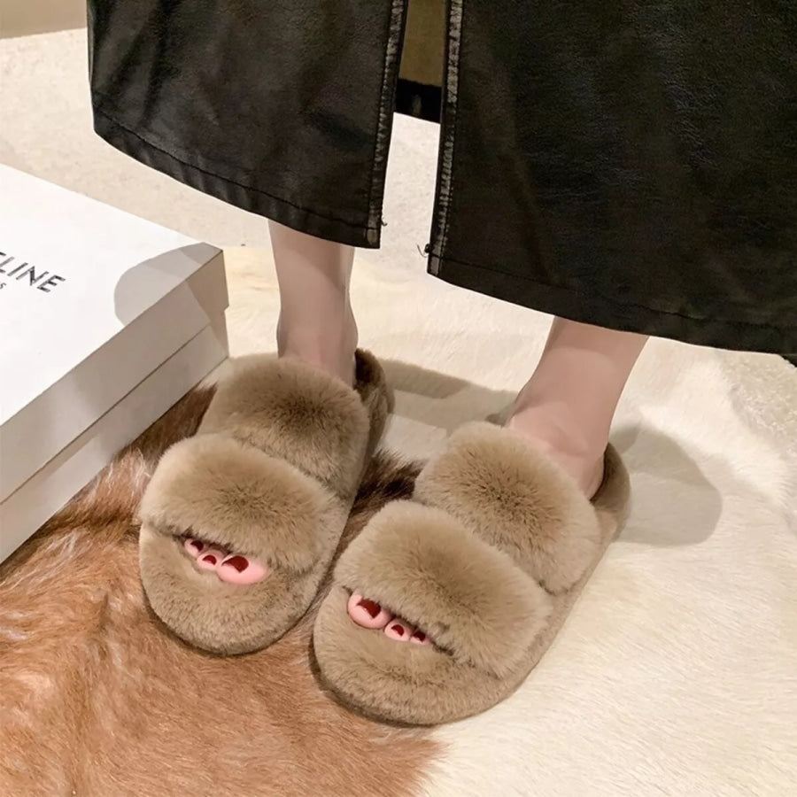 Fluffy Open Toe Slippers Khaki / 35 Apparel and Accessories