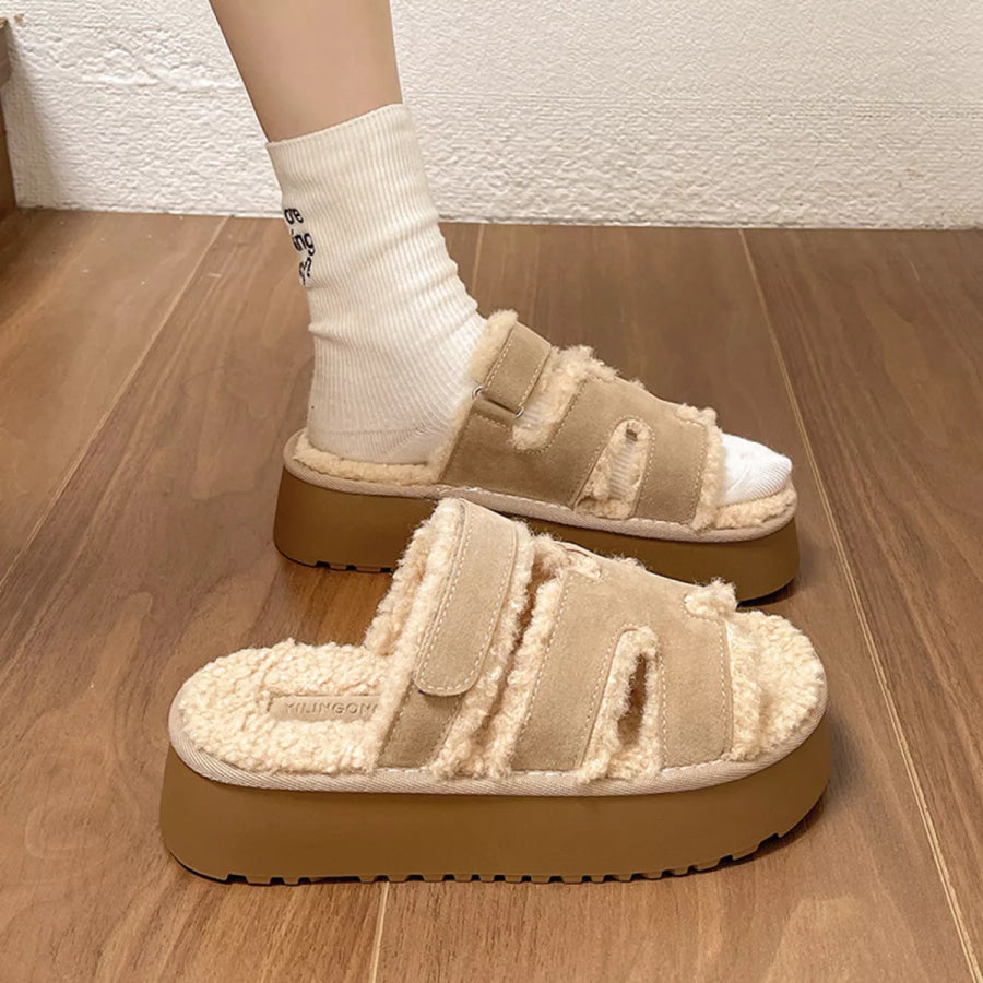 Fluffy Platform Velcro Slippers Light Gray / 35 Apparel and Accessories