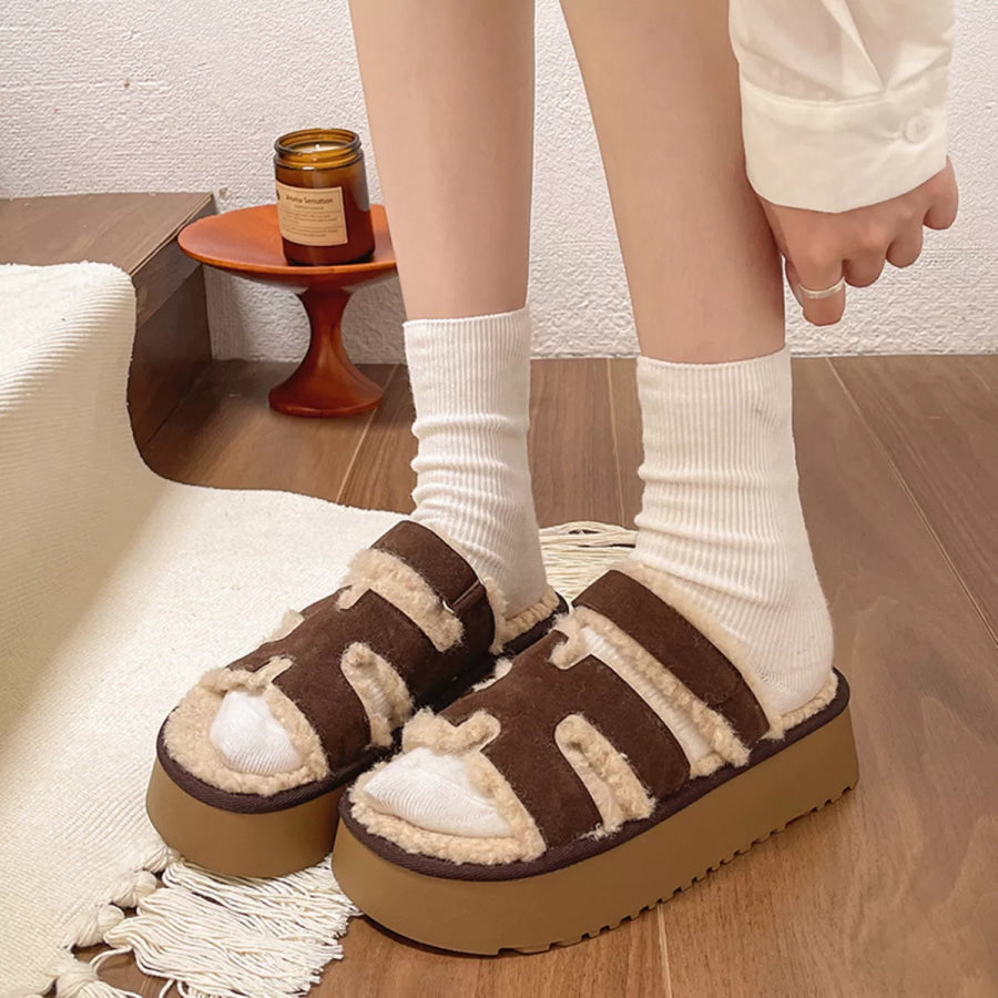 Fluffy Platform Velcro Slippers Brown / 35 Apparel and Accessories