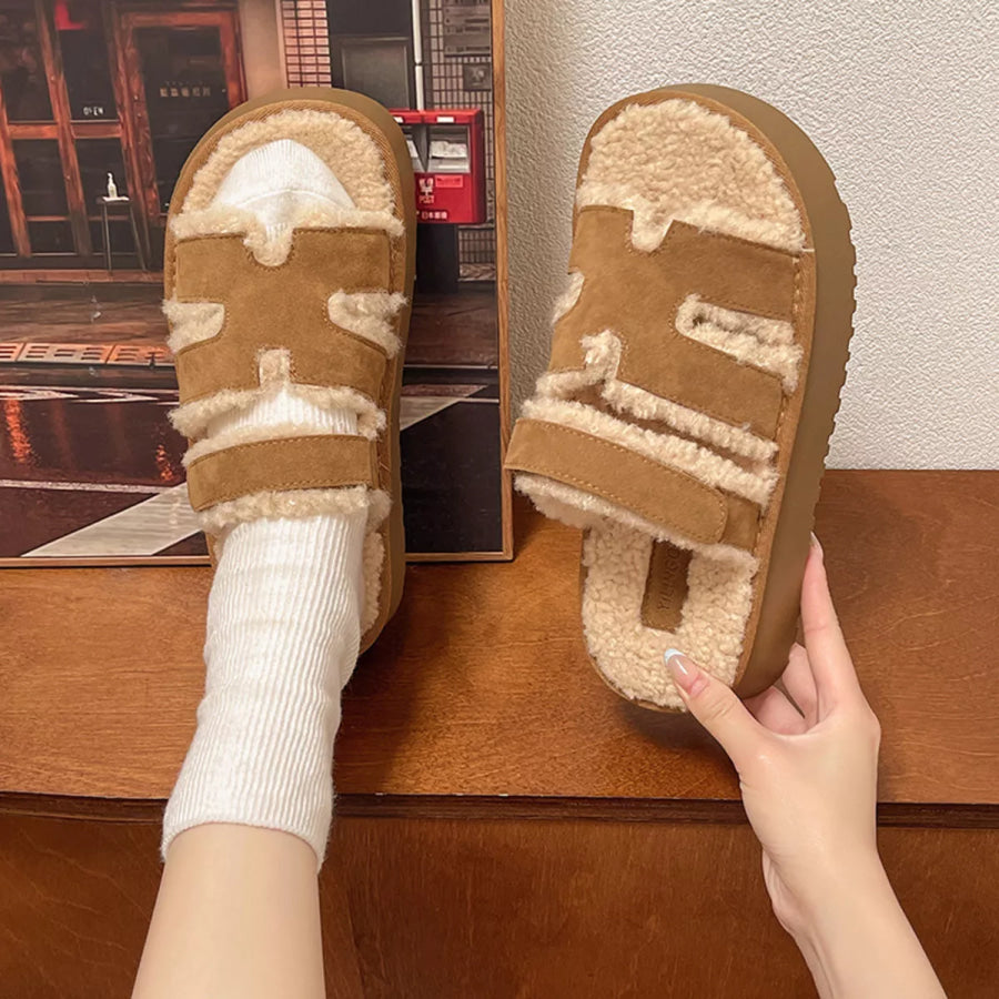Fluffy Platform Velcro Slippers Khaki / 35 Apparel and Accessories