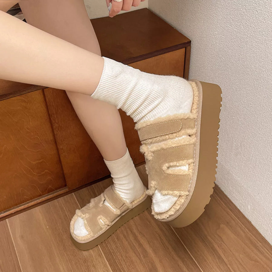 Fluffy Platform Velcro Slippers Light Gray / 35 Apparel and Accessories