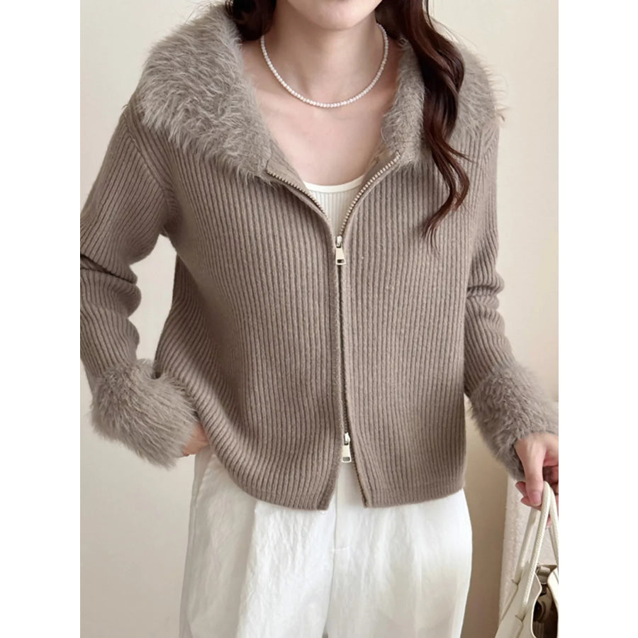 Fluffy Trim Zip-Up Cardigan Apparel and Accessories
