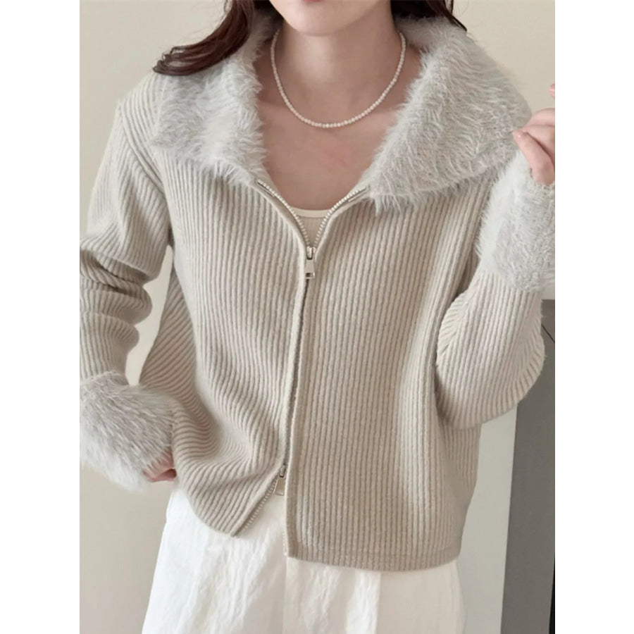 Fluffy Trim Zip-Up Cardigan Apparel and Accessories