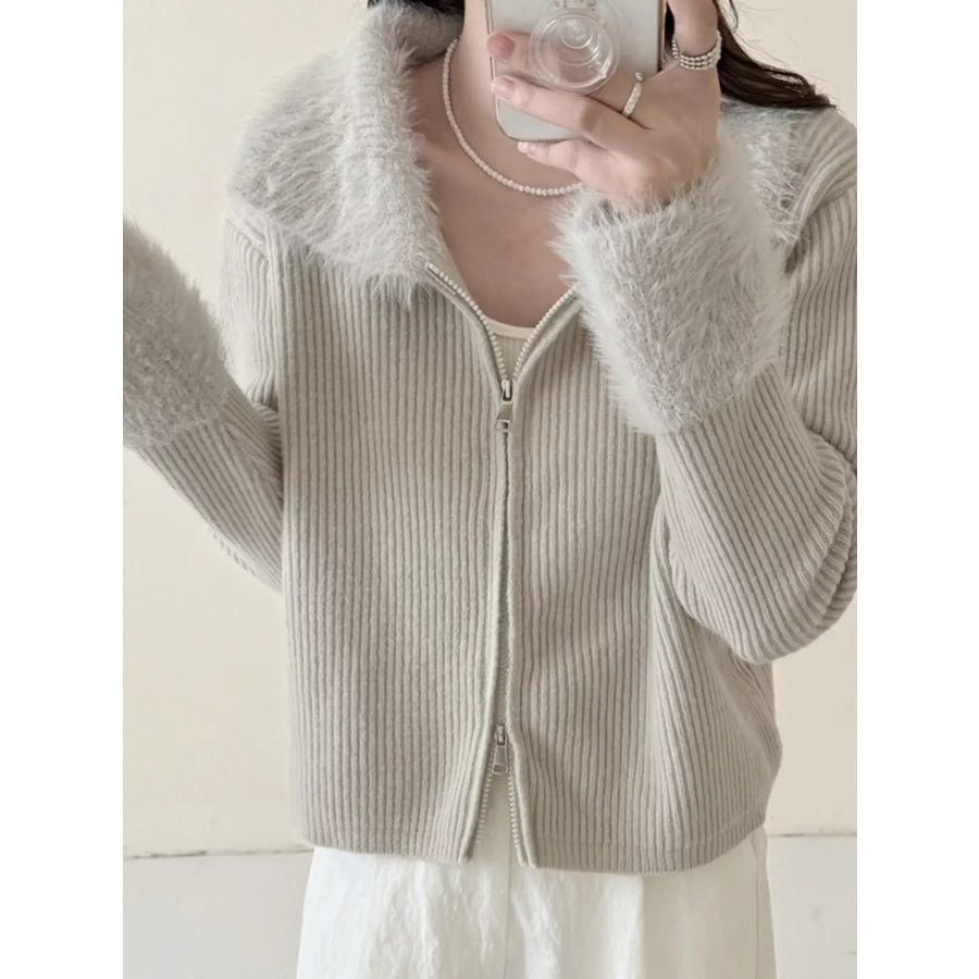 Fluffy Trim Zip-Up Cardigan Apparel and Accessories