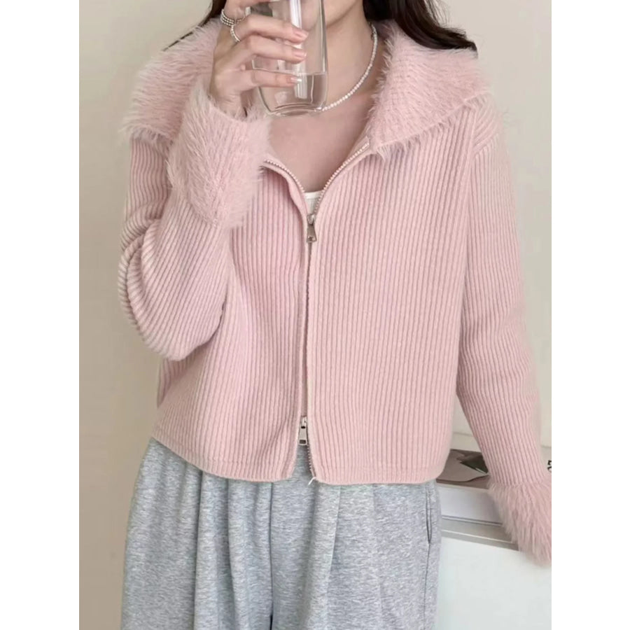 Fluffy Trim Zip-Up Cardigan Apparel and Accessories