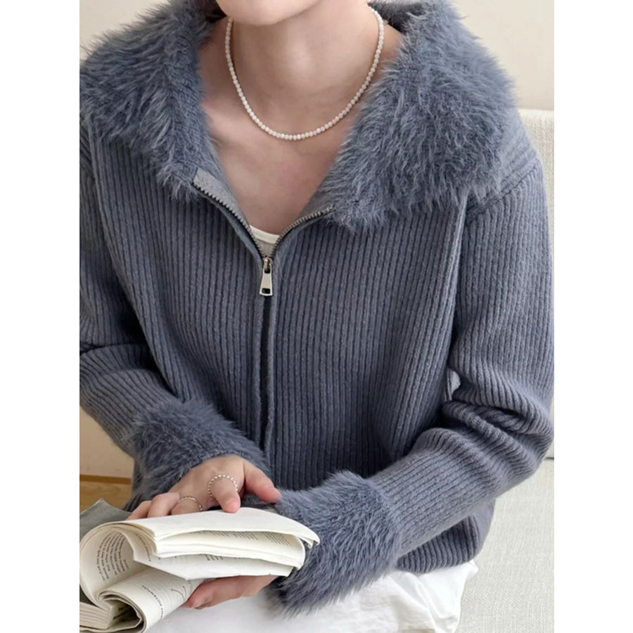 Fluffy Trim Zip-Up Cardigan Apparel and Accessories