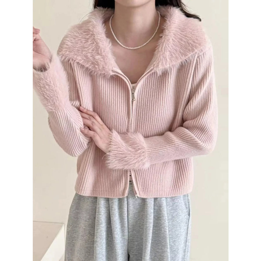 Fluffy Trim Zip-Up Cardigan Apparel and Accessories