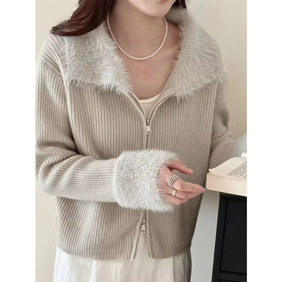 Fluffy Trim Zip-Up Cardigan Apparel and Accessories