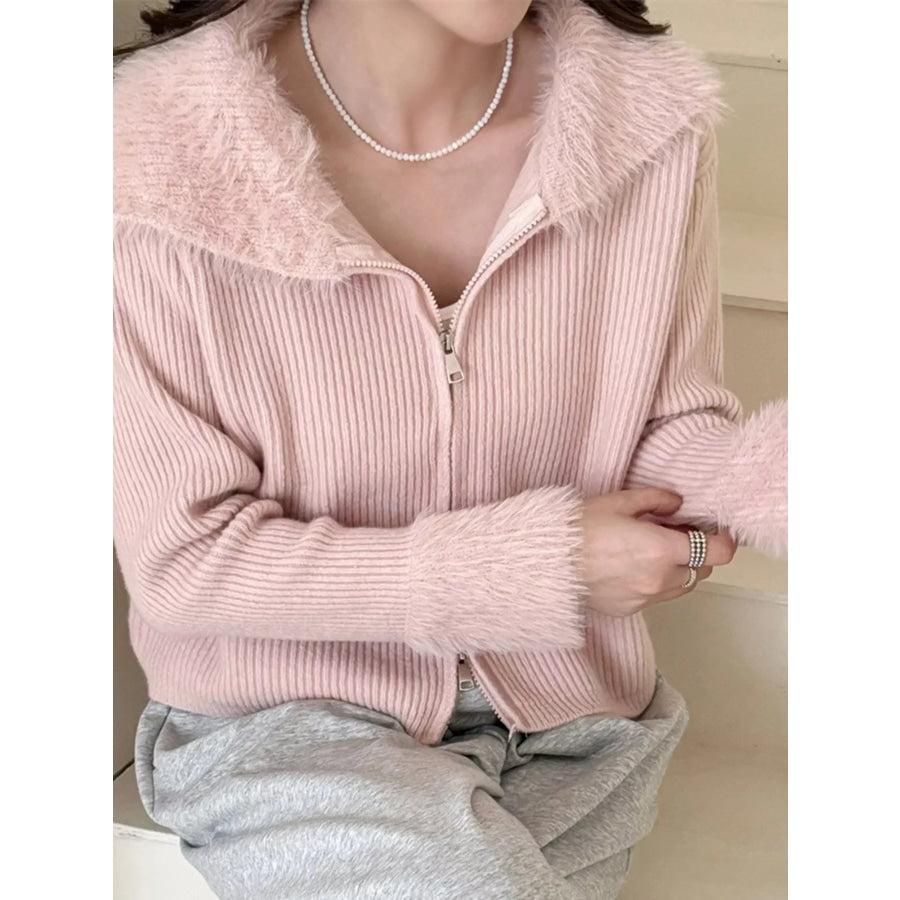 Fluffy Trim Zip-Up Cardigan Apparel and Accessories